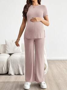 SHEIN 孕婦純色短袖上衣與可調腰長褲休閒日常兩件套 - 藕粉色 - 查看 3