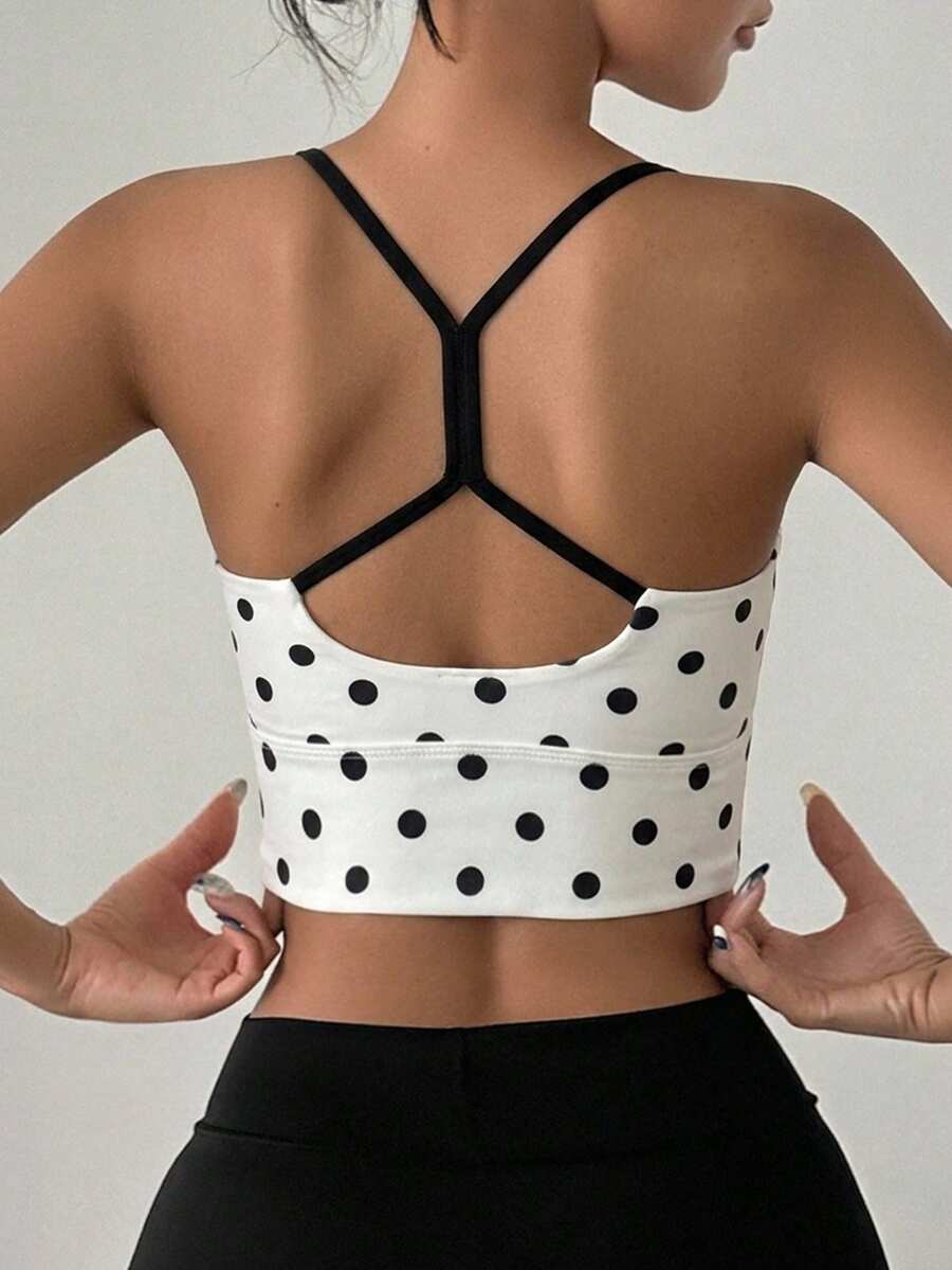 DAZY Polka Dot All-Over Print Contrast Color Strap Padded Sports Bra For Women - White - View 1