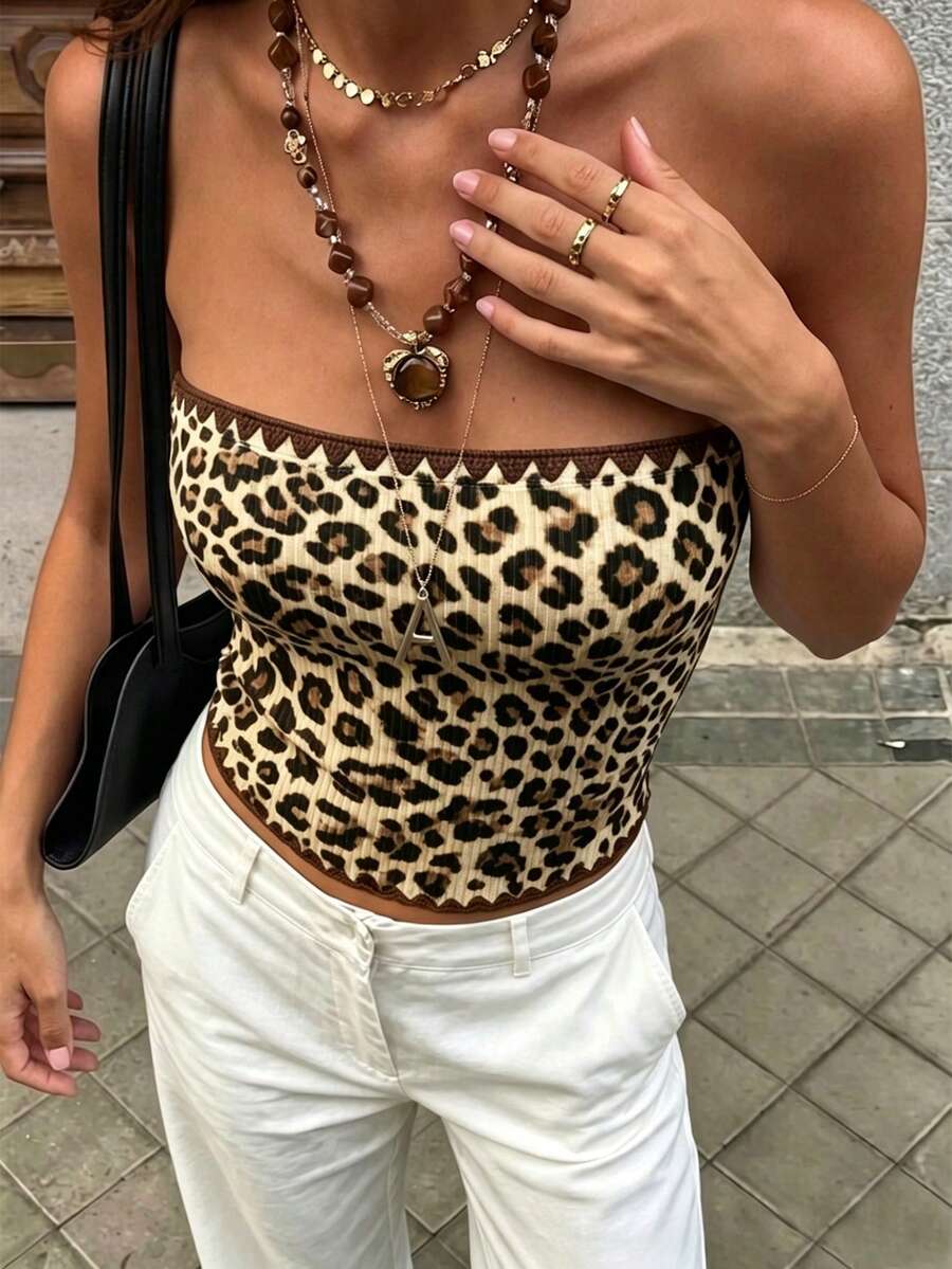 Cévolie Women's Leopard Print Sexy Versatile Strapless Top For Dating And Outings - Khaki - View 1