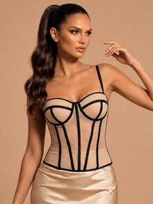 Glamrae Camiseta de tirantes casual versátil de corte ajustado con bloques de color para mujer - Albaricoque - Ver 7