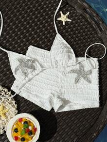 Swim SXY 夏季新款多色淡黃色紋理布料海洋海星裝飾直筒褲掛脖綁帶海灘度假女款兩件式泳衣套裝 - 白色 - 查看 4