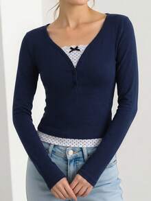 SHEIN Fashion Cute Casual Girl Polka Dot Print Patchwork Bow Decor Long Sleeve Top, Navy Blue, Spring Autumn Birthday Prom - Navy Blue - View 3