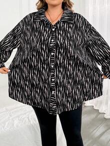 SHEIN CURVE+ Plus Size Colorblock Single-Breasted Casual Versatile Long Sleeve Shirt Fall - Black and White - View 3