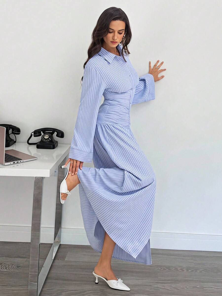 SHEIN Tall Women's Striped Flare Sleeve Single-Breasted Ruched Waist Casual A-Line Shirt Dress, Spring Style - Blue - View 1