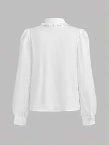 SHEIN Kids Teen Girls Blouses Spring Summer Autumn Winter New Woven White Loose Casual Simple Comfortable Daily Casual School Style White Ruffle Puff Sleeve Elegant Frill Edge Button Front, Shirt, Long Sleeve Top, Back To School Outfit, Versatile Shirt - White - View 2