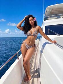 BamGleam 女款夏季度假休閒沙灘裝卡其色格紋印花比基尼兩件式掛脖綁帶泳衣套裝 - 彩色 - 查看 5