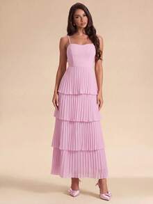 SHEIN Glamour Damen Maxikleid, mehrlagiger Stufenrock, plissierter langer Rock, rosa trägerloses Kleid, Urlaub, Party, Hochzeit und andere Bankett charmantes Kleid - Pink - Übersicht 4