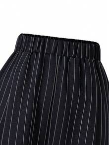 SHEIN 2件組女孩青少年套裝 開襟無袖西裝背心、條紋背心上衣、鬆緊腰對比腰帶寬鬆寬腿條腿褲，女孩通勤休閒兩件套，夏季 - 黑色 - 查看 7