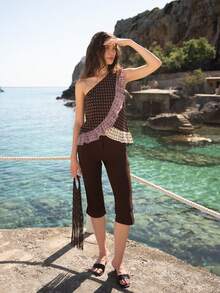 Nöista Brown Checkered One-Shoulder Ruffle Top, Boho Chic Going Out Top For Women, Fall Vacation Outfit, Party Style Aesthetic Chic - Multicolor - View 5