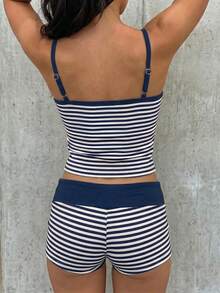SHEIN EZwear 夏季對比色條紋細肩帶背心與短褲套裝 - 藍白色 - 查看 2