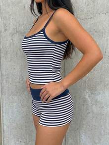 SHEIN EZwear 夏季對比色條紋細肩帶背心與短褲套裝 - 藍白色 - 查看 7