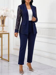SHEIN Lady 四季海軍藍女式西裝套裝 蕾絲拼接套裝 夏季商務辦公 典雅休閒 - 藏蓝色 - 查看 6