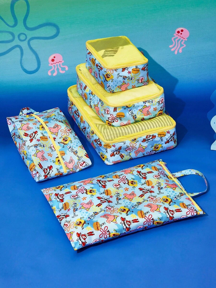 SpongeBob SquarePants | SHEIN 1pc/1set Cute Cartoon Print Polyester Travel Storage Bag, Mesh Surface, Categorized Storage, Multiple Sizes Available, Suitable For Various Bag Sizes, Great For Short Trips, Long Trips, Daily Home Organization, Suitable For Boys, Girls, Men, Women And Students - Green - View 1