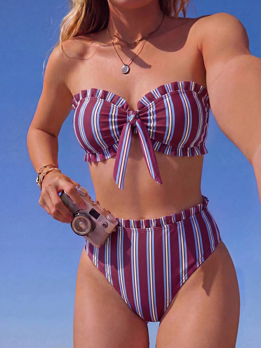 Swim Mod 女款夏季海灘條紋拼接無肩帶比基尼上衣與三角泳褲兩件式泳衣套裝 - 彩色 - 查看 1