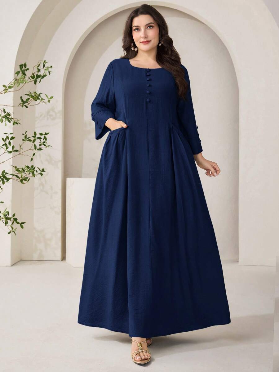 Veilorie Plus Size Women's Solid Color Round Neck Button Design Pocket ...