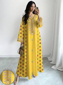 SHEIN Najma Vestido maxi elegante de manga larga con cuello en V, estampado floral amarillo con bordado falso, para primavera/otoño - Multicolor - Ver 7