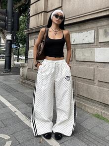 Coolane 女款秋季街頭風 90 年代時尚運動休閒日常穿著 城市度假外出穿搭 黑白波點梭織織帶圖案降落傘褲 - 黑與白 - 查看 7