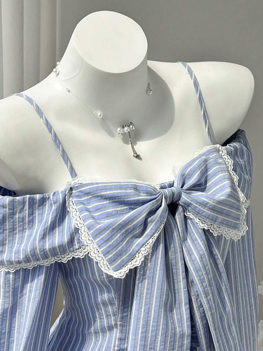 Elamini 女款甜美學院風浪漫可愛露肩蝴蝶結裝飾蕾絲飾邊條紋襯衫,藍白條紋,適合秋季度假 - 淺藍色 - 查看 1