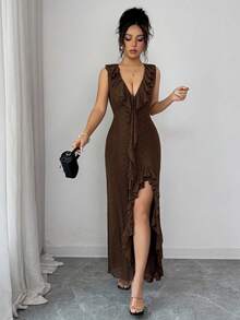 Elenzga Vestido elegante y romántico de línea A con contraste de color a rayas negro y blanco sin mangas para mujeres - Café - View 5