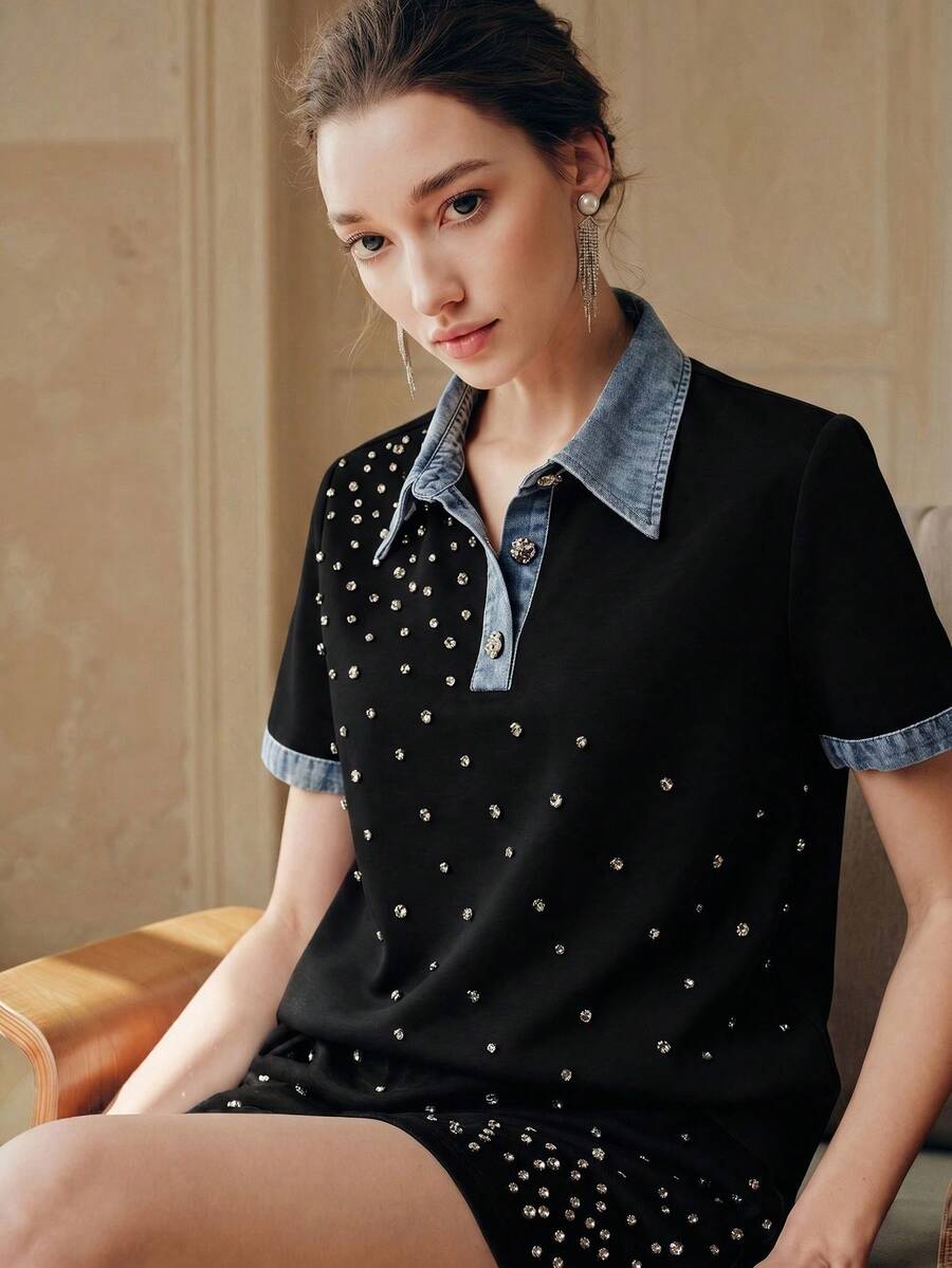 Anewsta 夏季通勤現代奢華休閒優雅款 黑色水鑽拼接撞色翻領 Polo 短袖牛仔上衣,適合日常穿著、外出與早午餐 - 黑色 - 查看 1
