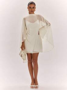 SHEIN BAE Vestido mini de mujer primavera/verano color albaricoque blanco, manga larga, cuello semi-alto, espalda descubierta, corte A, de gasa, minimalista, vestido blanco, vestido elegante, vestido sencillo para uso diario, vestido de vacaciones - Albaricoque - Ver 3