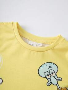 SpongeBob SquarePants | SHEIN Baby Boy Cartoon Print Crew Neck T-Shirt And Long Pants Set - Yellow - View 3
