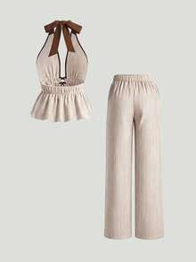 Qadelle 女款春夏新款休閒度假條紋綁帶兩件套 - 卡其色 - 查看 2