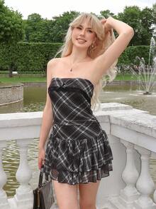 ROMWE X Elena Katey Spring/Summer Valentine's Day Vintage Sweet Plaid Printed Mini Dress - Black - View 1
