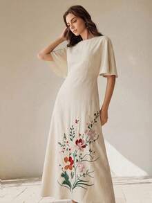 Anewsta 夏季女款圓領短袖重工刺繡杏色長版優雅洋裝，女款優雅洋裝，杏色洋裝 - 杏色 - 查看 3