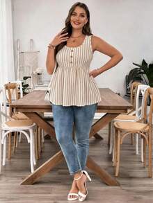 Comfylo Casual Vacation Vintage Apricot Striped Pattern Print Plus Size Women's Spaghetti Strap Camisole, Suitable For Summer - Multicolor - View 6