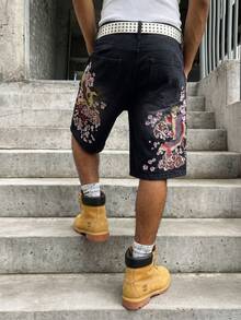 Manfinity EMRG 男士休閒街頭風刺繡黑色牛仔短褲 - 黑色 - 查看 3