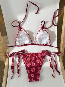 SHEIN Swim 女款分體比基尼泳衣，海灘度假裝、泳池派對穿搭，春夏款，甜美熱帶性感成熟時尚復古優雅酒紅色 - 紅色 - 查看 2