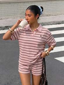 Muchica 女款休閒短袖 Polo 衫與短褲套裝，條紋套裝，適合日常通勤、約會、聚會，秋冬春夏，聖誕節、新年、感恩節、派對、婚禮、海灘、畢業典禮，時尚優雅休閒，適合外出、約會、通勤 - 彩色 - 查看 6