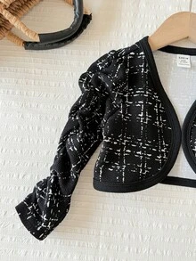 SHEIN 女嬰針織格紋休閒短款秋季外套 - 黑與白 - 查看 5