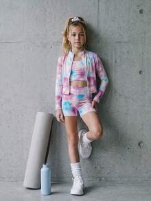 SHEIN 少女長袖小立領拉鍊運動上衣、背心與單車褲3件式可愛運動套裝 健身 粉色 夏季 - 彩色 - 查看 6