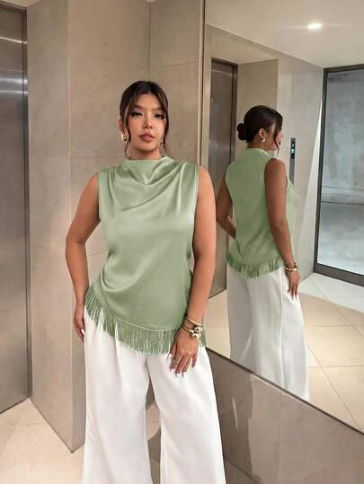 Firerie Women's Minimalist Elegant Casual Commute Tea Party Vacation Beach Bohemian Tank Top, Sage Green Satin Ruched Collar Sleeveless Asymmetrical Hem