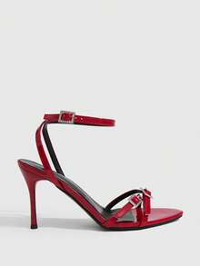 CUCCOO SZL Multi-Color Patent Leather Stiletto Sandals Rhinestone Square Buckle Pointed Shoes Sexy Dating - Red - View 2