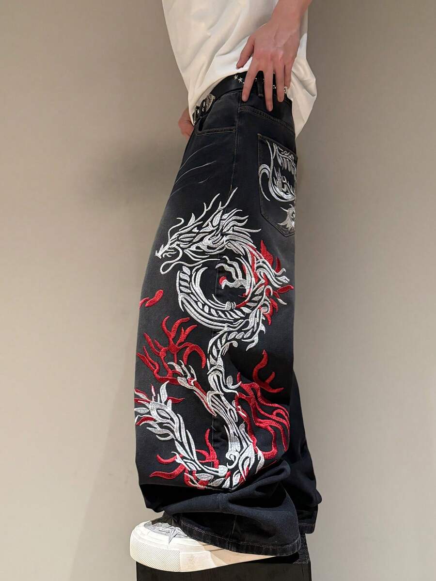 STEELVANCE 街頭風復古時尚百搭猴子刺繡設計寬鬆直筒休閒日常大尺碼牛仔褲（不含腰帶與配件） - 黑色 - 查看 1