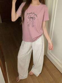 DAZY 女款蝴蝶結印花短袖上衣與波點印花長褲睡衣套裝 - 粉色 - 查看 6