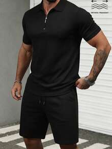 Manfinity CasualCool 男士短袖拉链领 Polo 衫套装，适合居家、外出和聚会穿着 - 黑色 - 查看 4