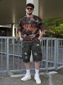 LEOGASHI LEOGASHI Men's Casual Summer Loose Knit Letter & Camouflage Print Crew Neck Short Sleeve T-Shirt, Streetwear Style - Yellow - View 1