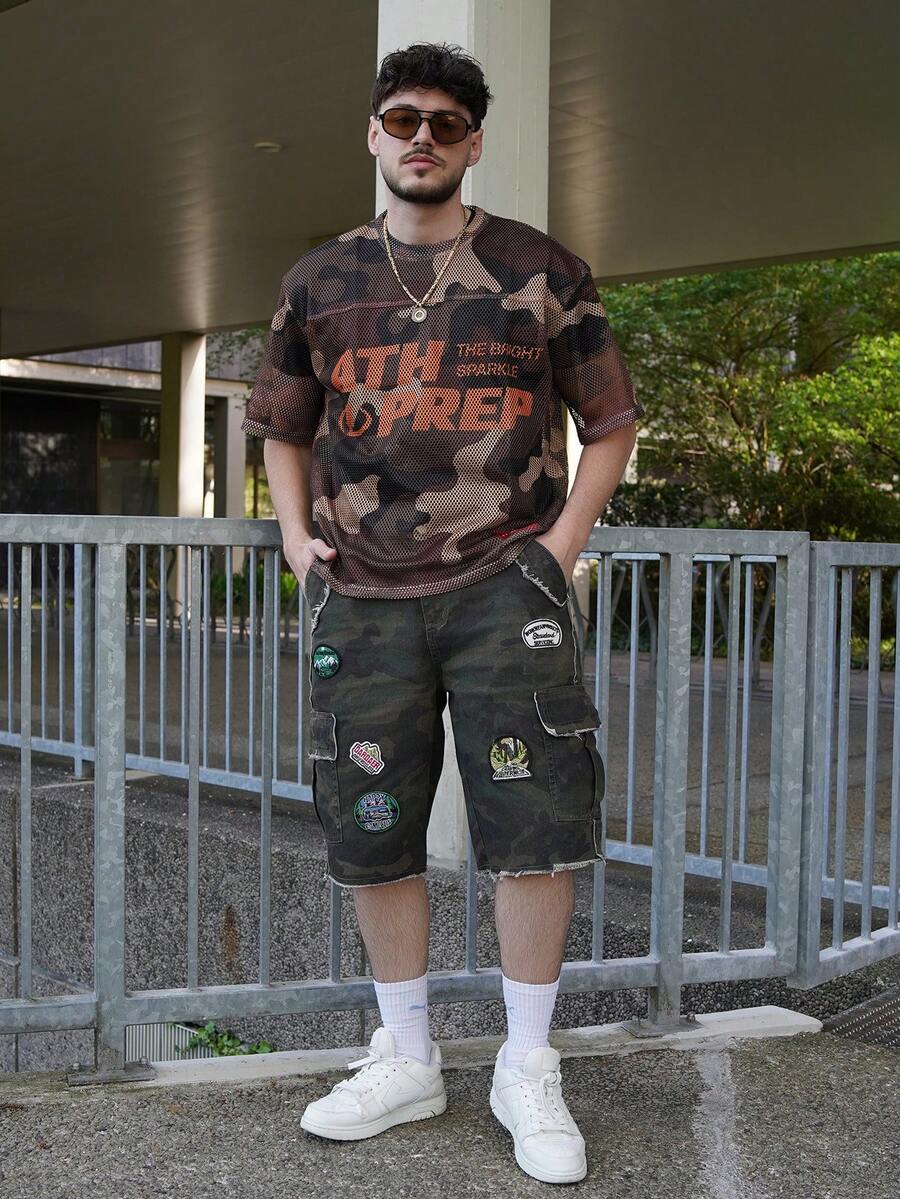 LEOGASHI LEOGASHI Men's Casual Summer Loose Knit Letter & Camouflage Print Crew Neck Short Sleeve T-Shirt, Streetwear Style - Yellow - View 1