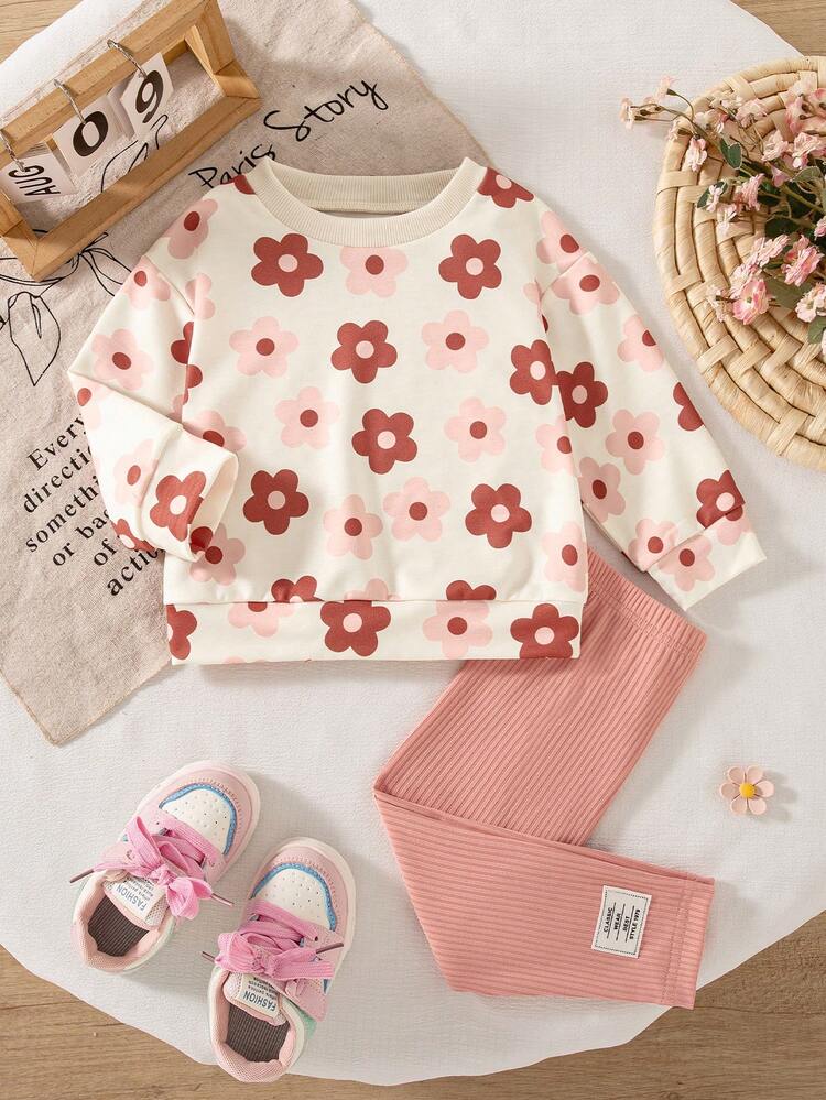 SHEIN Vintaside Kids Baby Girl Autumn Winter Floral Print Ribbed Crew Neck Sweatshirt Leggings Set Fashion Cute Family Matching 2nd Birthday Pink Party Off-White - Pink - View 1