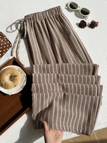 Comfortcana Plus Size Women's Waist Tie Striped Wide Leg Loose Casual Pants - Khaki - View 9