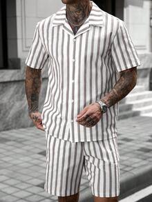 Manfinity CasualCool 男士夏季休閒條紋襯衫短褲套裝，適合日常休閒穿著、外出或朋友聚會，也是送給男友或丈夫的理想禮物 - 彩色 - 查看 6