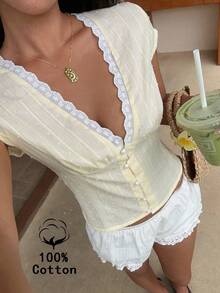 Sunnyshic Áo blouse nữ mùa hè phong cách thời trang Âu Mỹ, cổ chữ V gợi cảm, phối ren, buộc lưng độc đáo, tôn dáng, tinh tế, vải cotton 100% vân nổi, thiết kế cài nút thanh lịch, tay cánh dơi, phong cách nhẹ nhàng - Màu vàng - Xem 1