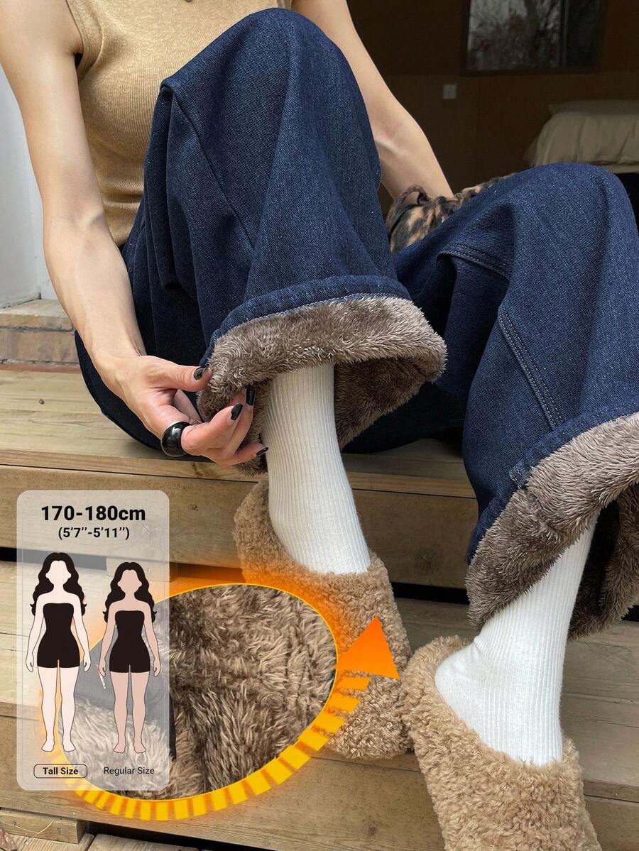 Dazy Tall Women's Regular Mid-Waist Thermal Lined Fur Patchwork Loose Straight Leg Casual Denim Jeans School - Dark Wash - View 1