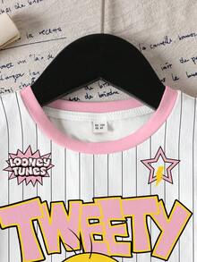 LOONEY TUNES X SHEIN 女童條紋字母卡通印花休閒日常夏季短袖T恤 - 白色 - 查看 4