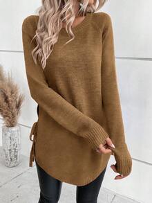 SHEIN LUNE 秋冬休閒百搭純色側開衩綁帶針織衫 - 鏽棕色 - 查看 1