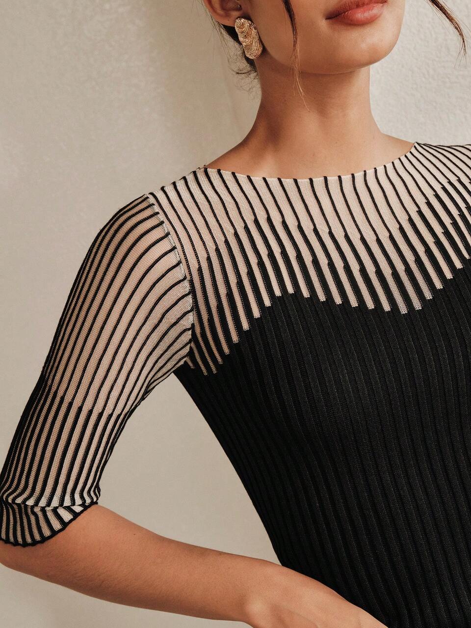 Anewsta French Style Spring/Summer Elegant Sophisticated Sexy Hollow Mesh Fitted Knit Top T-Shirt